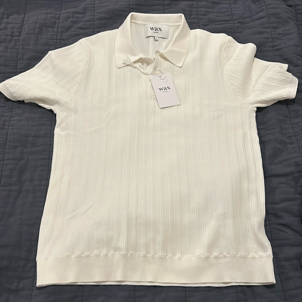 Wax London vertical knit Naples polo, size L, white/ecru, new with tags